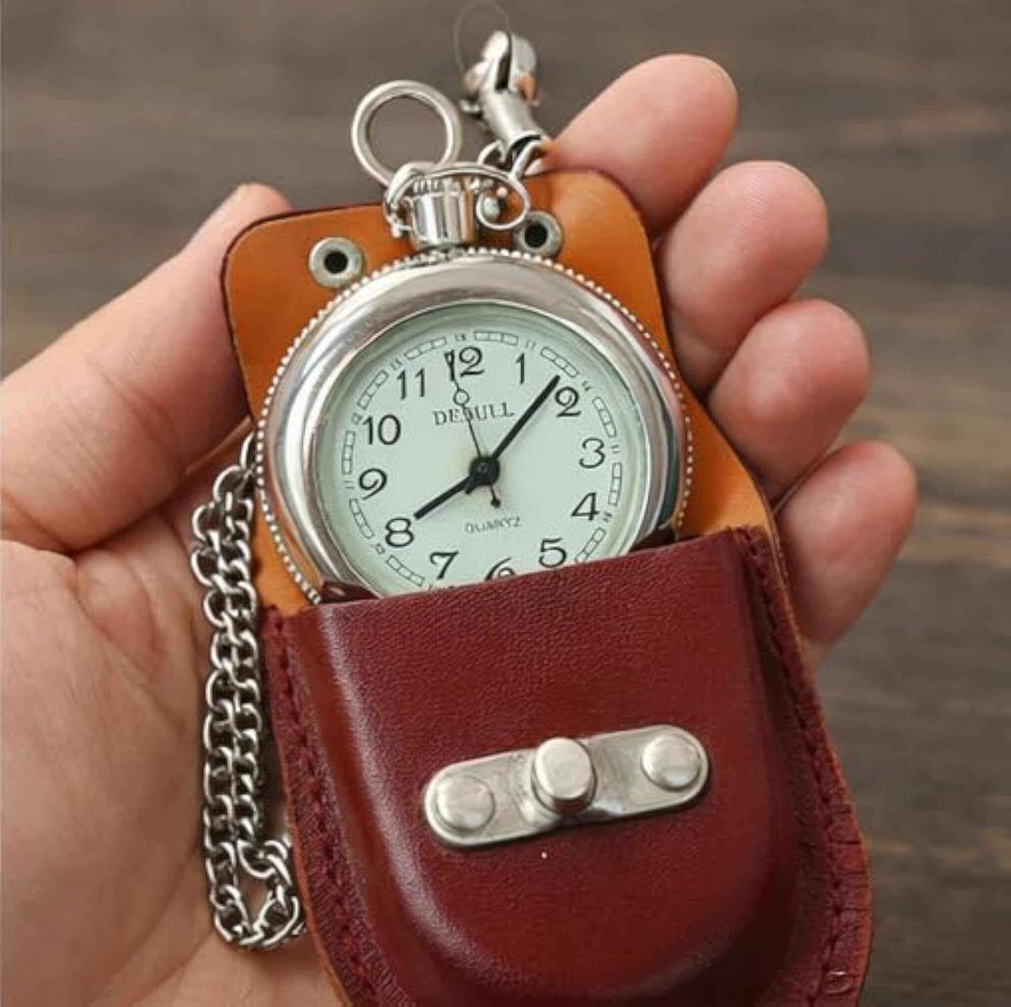 Classic Quartz Pocket Watch with Leather Pouch & Chain