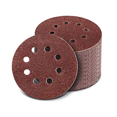 100 pcs Discos de Lija, 125mm Papeles de Lija Abrasivos con 8 Agujeros, Durable para Lijadora Excéntrica, Seco, Cambio Rápido(40-800 Granos) Cover