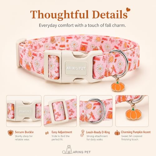 Image of ARING PET Fall Dog Collar for Puppy Small Medium Large Dog-Pink Pumpkin XL | Cute Autumn Basic Doggy Collars with Charm for XS S M L XL Boy Girl Dogs, Soft Comfy Sturdy, Harvest Pumpkin Patch Visits