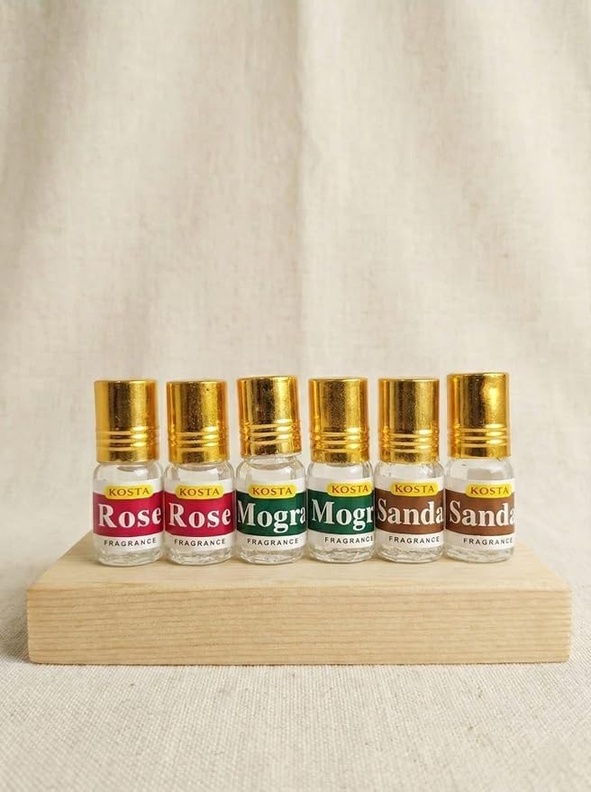 Image of KOSTA Attar Combo Pack of 6 (2ml Each) | Sandalwood (Chandan), Rose (Gulab) & Mogra Perfume Oils | Alcohol-Free Long Lasting Roll-On Attar for Men & Women