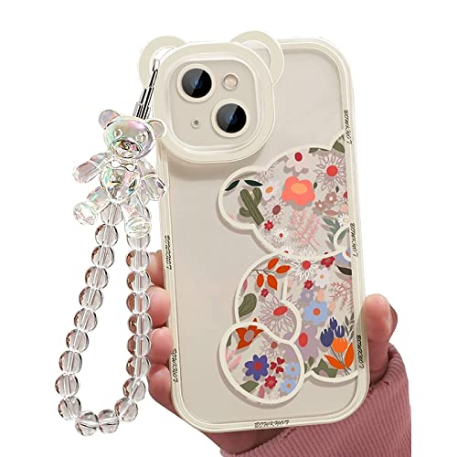 Jusy Compatible con iPhone 14 Funda, Lindas Flores Floral Oso Cubierta con Hermosa Correa de Muñequera Cadena para Niñas Mujeres Clara Kawaii Cámara Protección Bonita Funda de Teléfono Moderna