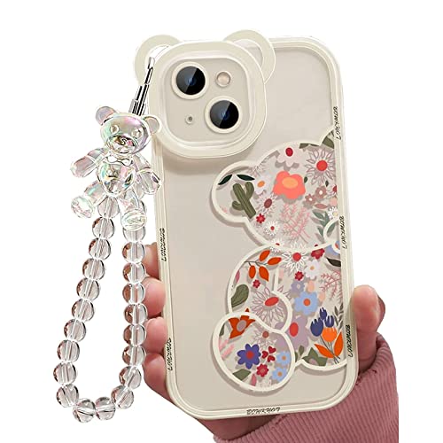 Jusy Compatible con iPhone 13, lindas flores florales oso cubierta con hermosa correa de muñeca pulsera para niñas mujeres, clara protección de cámara Kawaii bonita funda de teléfono de moda