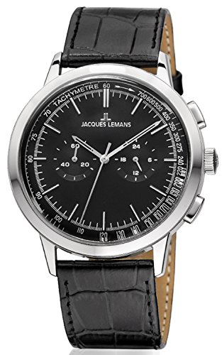 JACQUES LEMANS Men's Nostalgie Chronograph Black Dial Black Leather