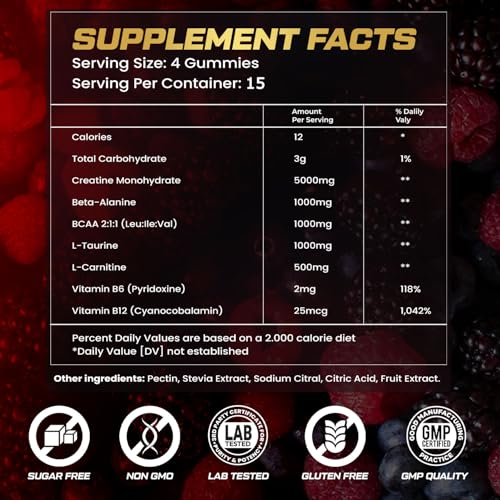 Image of Creatine Monohydrate Gummies for Men & Women, 9000MG Creatine Gummies Sugar Free - Mixed Flavored with L-Taurine, BCAA 2:1, B12 B6 for Boost Strength, Focus & Endurance, Vegan, Non-GMO, 60pcs