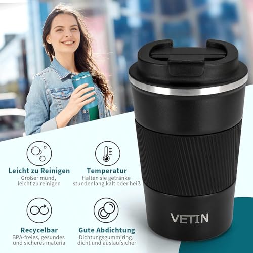 VETIN 2 Stück Kaffeebecher To Go Thermo 380 ml, 304 Edelstahl Thermobecher – Ansicht 4