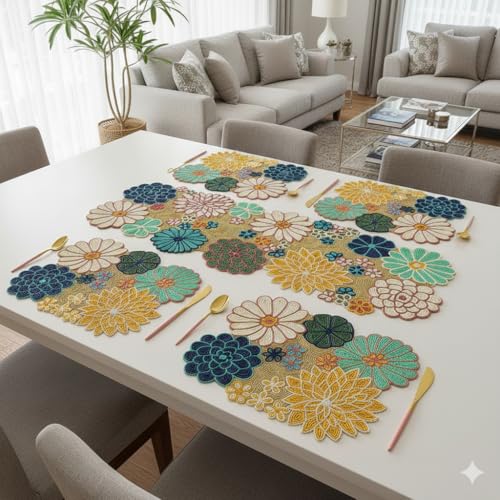 Image of E-EZRA Beaded Table Runner with 6 Mats (Size-13x36-Inch, Rectangular) | Stylish Dining Table Runners| Perfect for Home Decoration, Weddings, Diwali Gift & Special Events