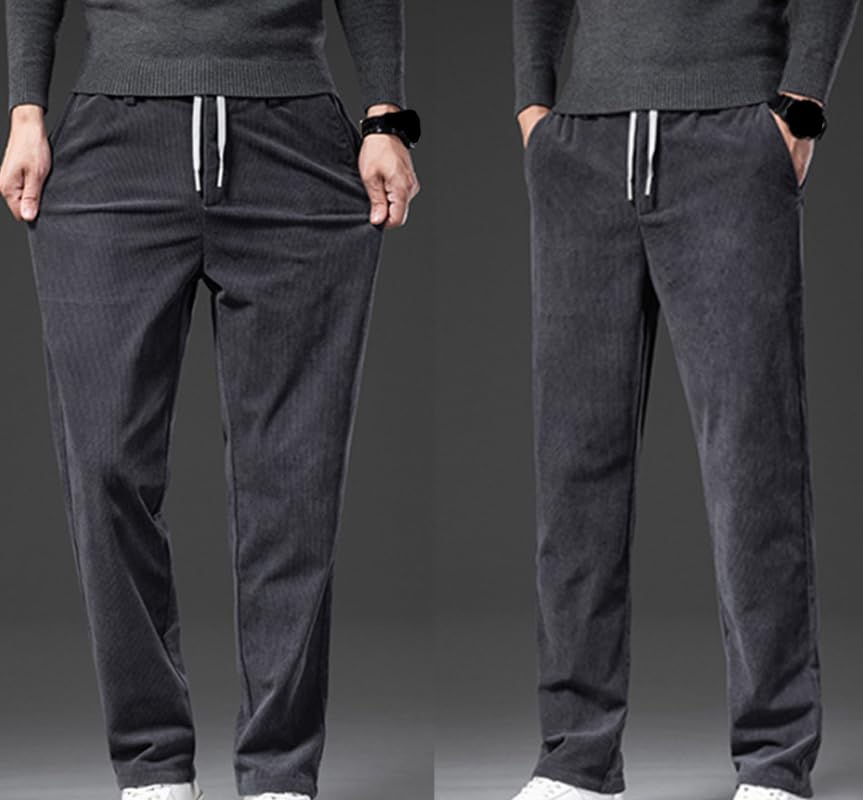 Men Cozy Stretch Corduroy Pants for Seniors, Casual Classic Fit Elastic Waist Drawstring Pull On Straight Leg Pants2