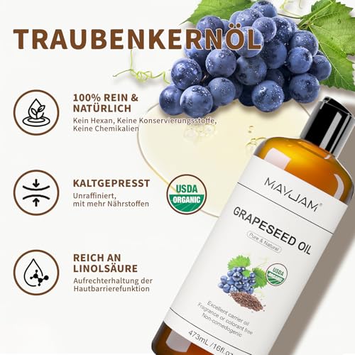 MAYJAM Traubenkernöl Bio 473ML, Hochwertiges Kaltgepresst Trägeröl Rein und Natürlich für Haut, Haar, Körper, Massage, Hautöl Reparatur und Pflege, USDA Organic, Grapeseed Oil