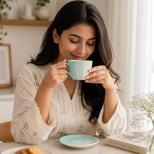 Image of The Earth Store TT Green Ceramic Cappuccino Cup with Saucer Set of 4 | 250ML Coffee & Tea Cups | Microwave & Dishwasher Safe | Stylish Cups for Home, Cafe & Gifting