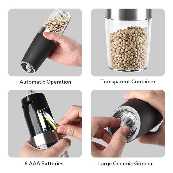 Kayswang Electric Pepper Salt Grinder Set Equipped with Gravity Sensing Switch and LED Light Battery Powered One Handed Automatic Operation Black 2-Piece Set (Black) by Kayswang - Image 4