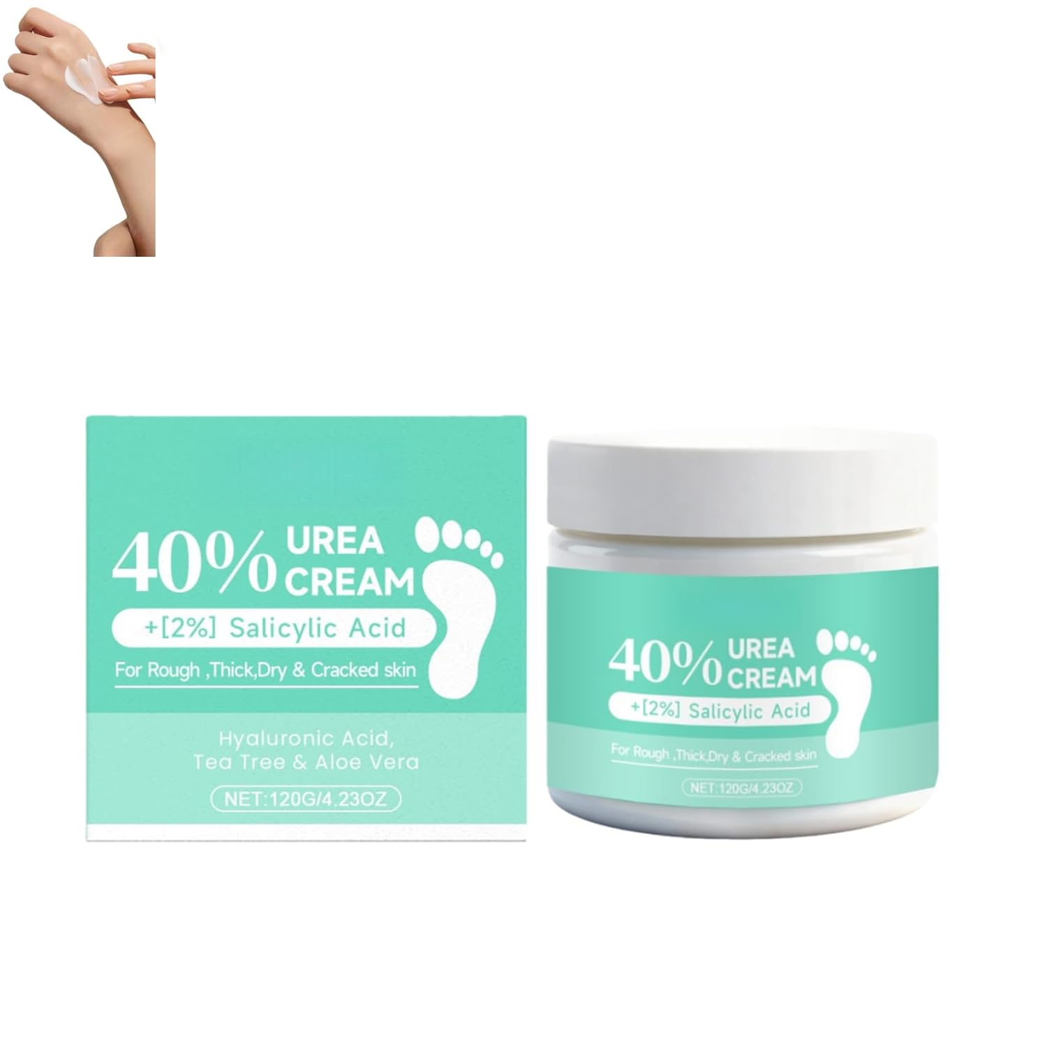 40% Urea Cream with 2% Salicylic Acid, Hyaluronic Acid, Tea Tree & Aloe Vera – Intensive Moisturizer for Rough, Thick, Dry & Cracked Skin on Feet, Hands, Elbows – 120g (2, 1)