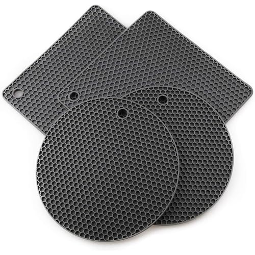 Silicone Trivet Mat, Trivets for Hot Dishes, Non Slip, Heat Resistant, Kitchen Hot Pads for Countertops, Table, Spoon Rest, Hot Pots (4 Pack Grey)