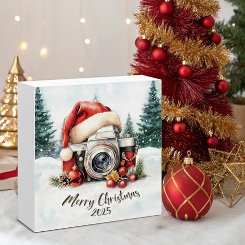 Image of Christmas Decor, Christmas Camera Wood Box Sign, Photographer Gifts Women Men, Farmhouse Xmas Home Office Decorations for Desk Table Shelf 5 X 5 Inches