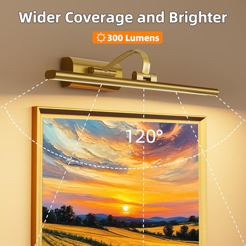 HUAEU Bildbeleuchtung Kabellos, 5200mAh Akku Bilderleuchte 40cm, LED Wandleuchte Innen mit Fernbedienung & Timer, Dimmbar 3 Farbtemperaturen Bilderlampe für Malen Foto Portrait Dartbrett, Gold