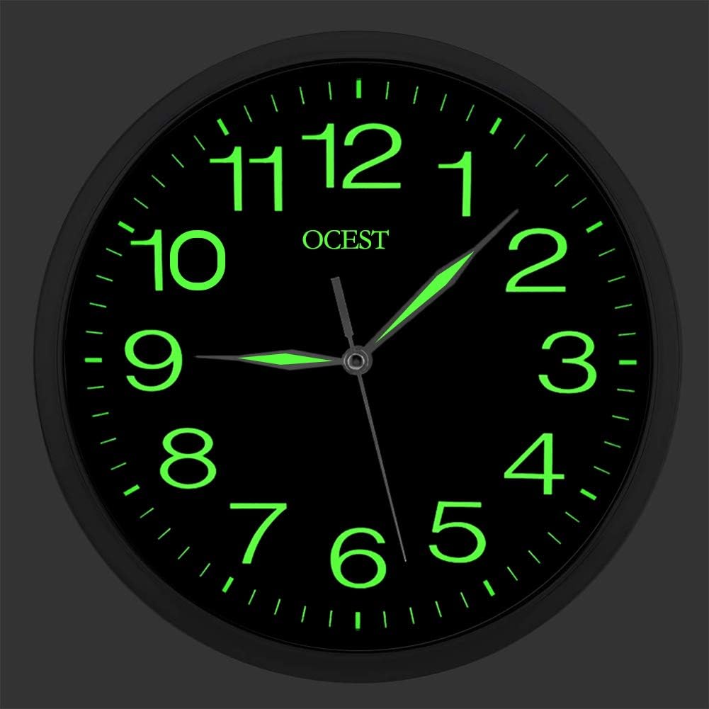 OCEST 12 Inch Wall Clock with Night Light Non Ticking Silent Quality Quartz Large Display Battery Operated Indoor Outdoor Decorative Clock for Bedroom Living Room Kitchen Office Garage School