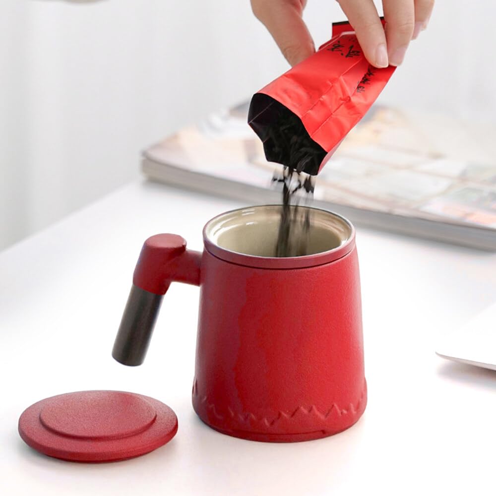 Teetasse mit Deckel und Sieb, 400 ml Teetasse mit Sieb, Teetassen mit Tee Sieb, Keramik-Teetassen mit Holzgriffen Eignen Sich zum Verschenken, Exquisite Geschenkboxen, (Rot, 400ml)
