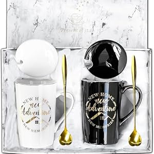 Housewarming Gifts for New Home – 14oz Ceramic Coffee Mugs Set, New Adventure New Memories Cup for Couple, First Home Essentials with Lids & Spoons in Luxury Gift Box