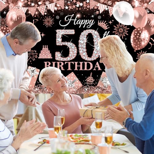 Image of Avezano Happy 50th Birthday Banner for Women Black and Rose Gold Glitter Balloon 50 Birthday Party Backdrop 50 Year Old Bday Photo Backdrop Party Supplies 70.8 x 43.3 Inch