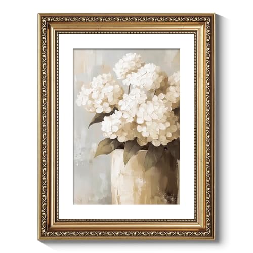 ARPEOTCY Vintage Gold Framed Wall Art Decor, 11x14 Inch Retro White Hydrangeas Prints, Farmhouse Floral Wall Art for Living Room Bedroom, Botanical Bathroom Decor Aesthetic
