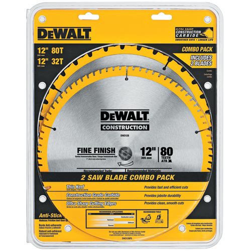 DEWALT 12-Inch Miter Saw Blade, Crosscutting, Tungsten Carbide, 80-Tooth and 32-Tooth, 2-Pack (DW3128P5, DW3123), yellow