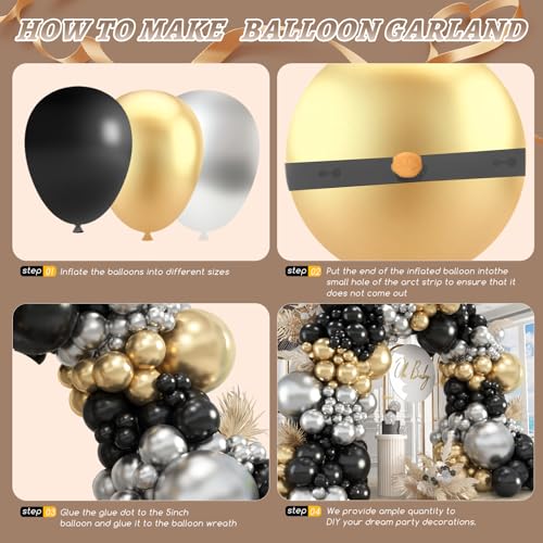 Image of 412Pcs Black Gold Silver Balloons Garland Arch Kit,18 12 10 5 Inch Different Size Latex Balloons for Graduation Birthday Wedding Party Decorations