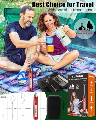 Image of YUSWKO Rechargeable Milk Frother for Coffee, Handheld Drink Mixer with 3 Heads 3 Speeds, Ideal Coffee Frother Wand for Travel - Red