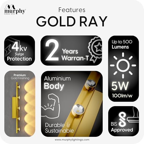 Image of Murphy 5-Glow Goldray|LED Mirror /Vanity Light|- Luxurious Gold Finish|Warm White, 2-Year Warranty-Pack of 1