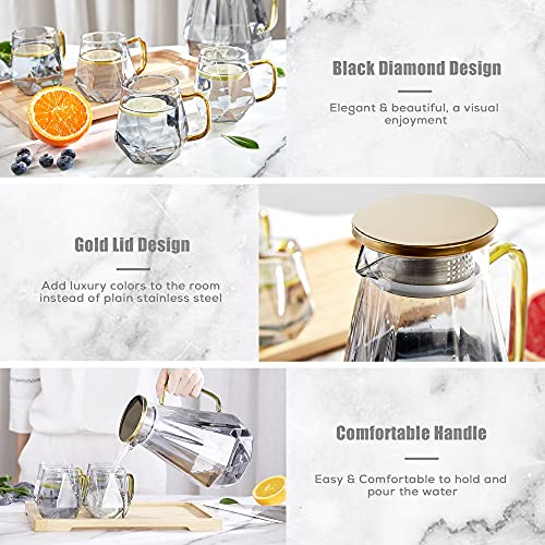 Foto von DUJUST schwarzer Glaskaraffe mit Deckel 2 Liter, Wasserkaraffe im Modernen Diamant Design, Glaskrug mit Griff für Fruchteinsatz, langlebig Hitzebeständig Wasserkrug für Eistee/Milch/Kaffee