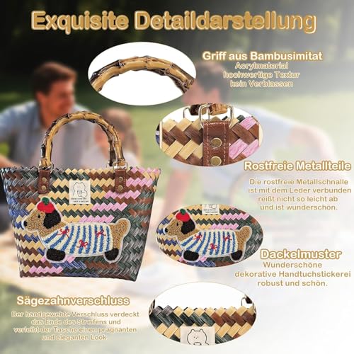 Einkaufskorb Geflochten aus Kunststoff, Korbtasche Handtasche, Strandtasche Stroh Groß, Geflochten Handtasche Damen für Picknick, Shopping, Urlaub (Dackel)