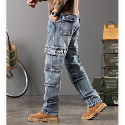 Mens Loose Fit Hip Hop Jeans Casual Cargo Denim Pants Straight Leg with Multi Pockets 28-444
