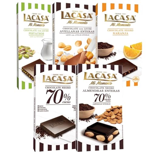 Lacasa pack 5 tabletas de chocolate:leche avellanas, naranja chocolate negro,leche pistacho 90g,negro 100g, almendra 200g