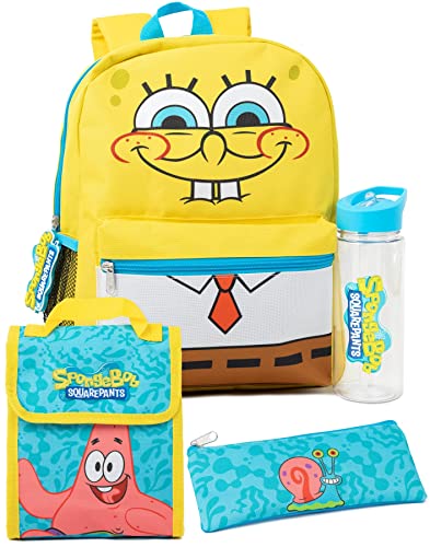 Spongebob Squarepants Backpack Set Kids 4 Piece | Blue Yellow School Bag Patrick Lunch Box Gary Pencil Case Logo Water Bottle | Tv Show Merchandise Gifts #TOP26