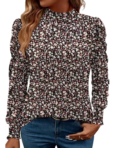 LUYAA Women Shirts and Blouses Long Sleeve Shirts Mock Neck Tops to Hide Belly for Women Tunic Tops Black Floral S