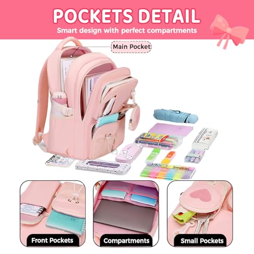 Cute School Backpack for Teen Girls Kawaii Large Waterproof Bookbags for Kids Elementary Middle High School Students Preppy Aesthetic Heart Book Bag (Black Purple)4