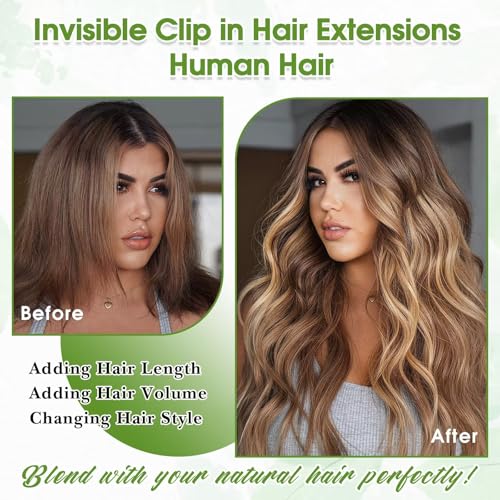 Image of Clip in Hair Extensions Real Human Hair Balayage 14inch Chocolate Brown and Honey Blonde Human Hair Clip in Extensions 100% Human Hair Highlight Seamless Clip ins Extension for Women 8pcs Double Weft