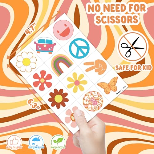 Image of 96 PCS Groovy Temporary Tattoos for Kids - Retro 60s 70s Hippie