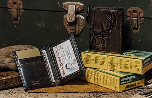 Image of House of Jack Co. Deer Men's Slim Card Wallet, Minimalist Front Pocket Bifold Card Holder, Full Grain Leather, 6 Card Slots with ID Window, Embossed Deer, Hunter Gift for Men, Black