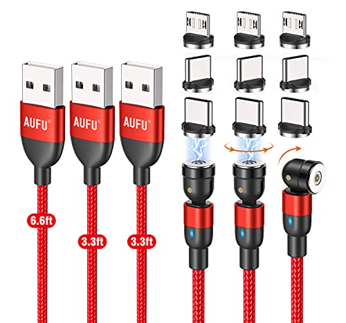 AUFU Magnetic Charging Cable [3Pack, 3.3ft/3.3ft/6.6ft], Magnetic Phone Charger Cable 360 Rotating USB Magnetic Cable for Micro USB Type C Android