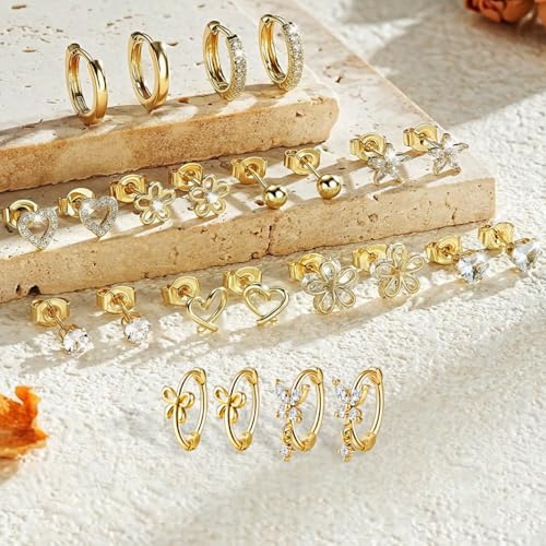 Image of SANNIDHI 12 Pairs Earrings Set for Women Gold Rhinestones Studs Flowers Hearts Butterfly Hoop Earring Hypoallergenic Stainless Steel Flat Back Earrings Cartilage Earring Combo for Multiple Piercing