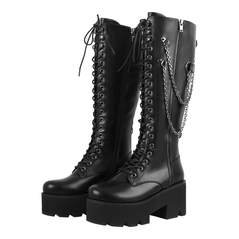 Only maker Gothic Kniehohe Stiefel mit Blockabsatz Metallketten Schnürstiefel Profilsohle Schwarz