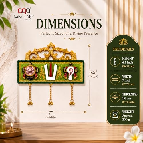 Image of Salvus APP SOLUTIONS Traditional Tirupati Shankh Chakra Namah Door Wall Hanging with Metal Latkan for Home, Temple & Office Decor | Religious Housewarming Gift | Green Multicolor, 7 x 6.5 Inch