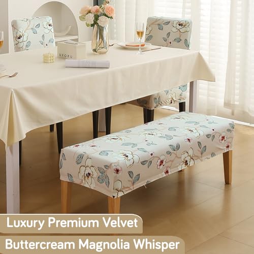 Image of HOKIPO Premium Velvet Cover Set for 4 Dining Chairs + 1 Dining Bench, Buttercream Magnolia Whisper (AR-5799-D5)