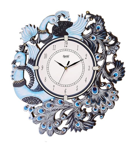 Image of Ajanta Wall Clock Wooden Wall Clock Blue Peacock (35x32 cm)