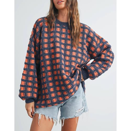 Checkered Sweaters for Women Long Sleeve Crew Neck Knit Sweater Top Plaid Pullover Fall Vintage Gingham Knitwear2