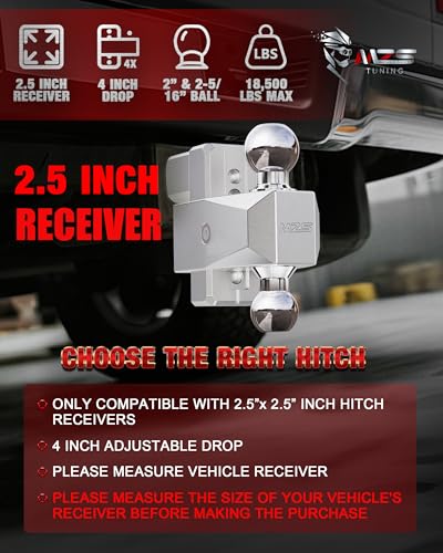 Image of MZS Adjustable Trailer Hitch - Fits 2.5 Inch Receiver Hitch - 4-Inch Adjustable Drop Hitch - Heavy Duty Aluminum Tow Hitch for Truck(18,500 LBS GTW) Chrome