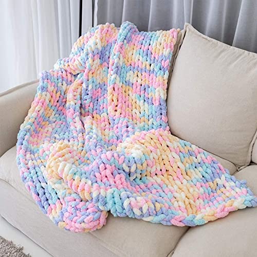 Image of VBGYA Chunky Knit Blanket Throw, Chenille Throw 40x40 Inch Hand-Knitted Warm Cozy Blanket Thick Throw Blanket, Soft Boho Casual Throw Blanket Sofa Bed Rug Home Decor Gift - Multicolor