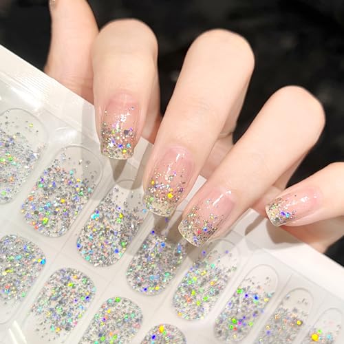Lifoost LIF60065-1 Semi Cured Gel Nail Strips Glitter Sequins Nail Stickers Transparent Full Nail Wraps cover