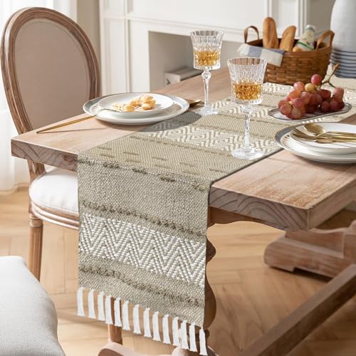 Image of Luxe Home Elegant Beige and White Woven Table Runner with Tassels - Mix Cotton Jute 13 x 74 Inch, Zig Zag - Perfect for Dining Table, Center Table, Decor