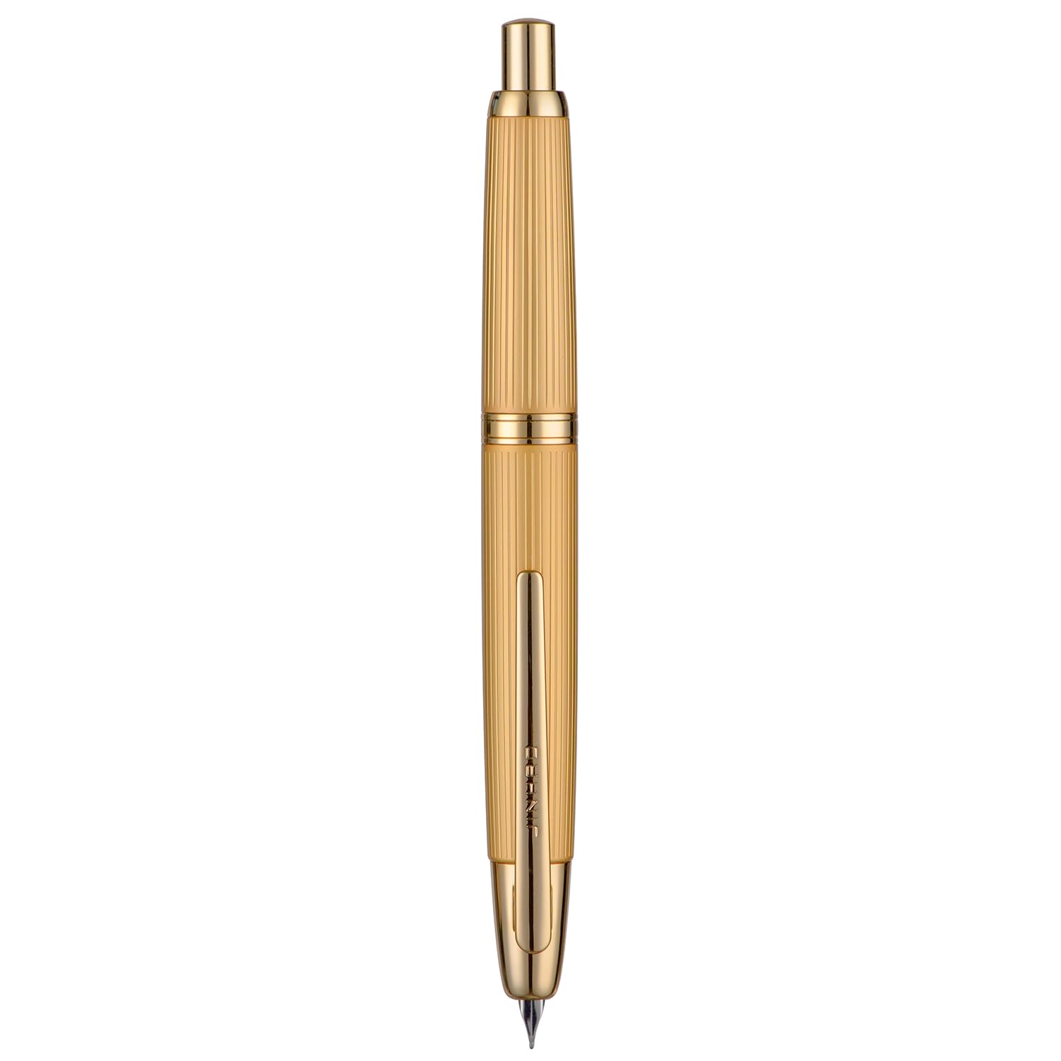 Jinhao 10 Series Vulpen, met een medium penpunt intrekbaar door middel van een drukknop, set inclusief inkt converter en metalen pennendoosje, geborsteld mat goud, versie met gouden clip