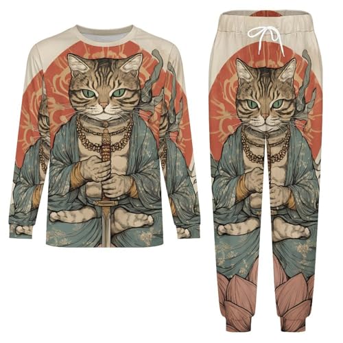 Vintage Japanese Samuraiscat Mens Pajamas Set Long Sleeve Sleepwear Pjs Set Shirts And Bottoms Sleep Sets Loungwear4